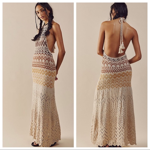 Free People Dresses & Skirts - NWT $268 Free People Ikat Oasis Maxi Dress Halter - Crochet Knit Z212-0
